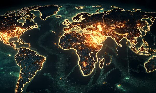 A glowing world map highlighting urban areas and population density.