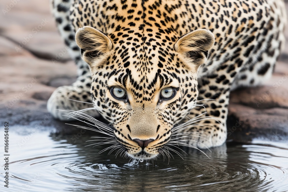 Aufkleber a close-up shot of a leopard's face as it drinks from a water source