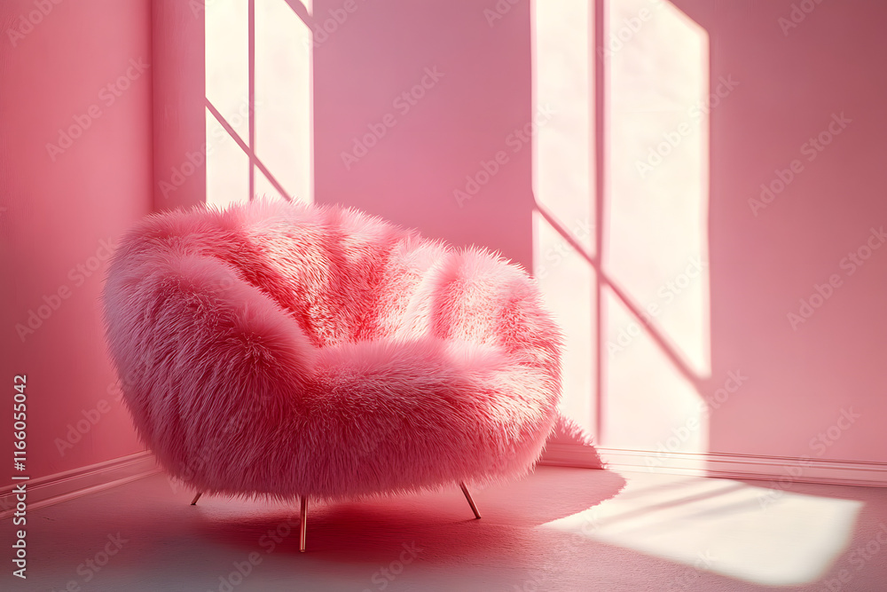 Poster stock photo features a minimalist pink room with a fluffy chair, creating a serene and elegant atmos