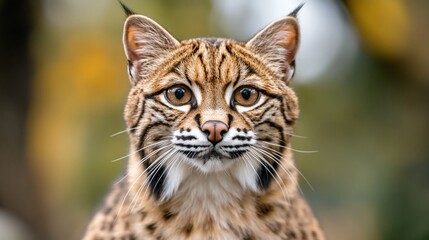 Fototapeta premium Close-up of a bobcat with striking tabby markings, alert gaze, and soft fur, set against a blurred background of autumnal colors.
