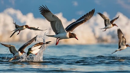 White-winged seagulls fly in formation over the blue sea, a breathtaking display of freedom and wildlife