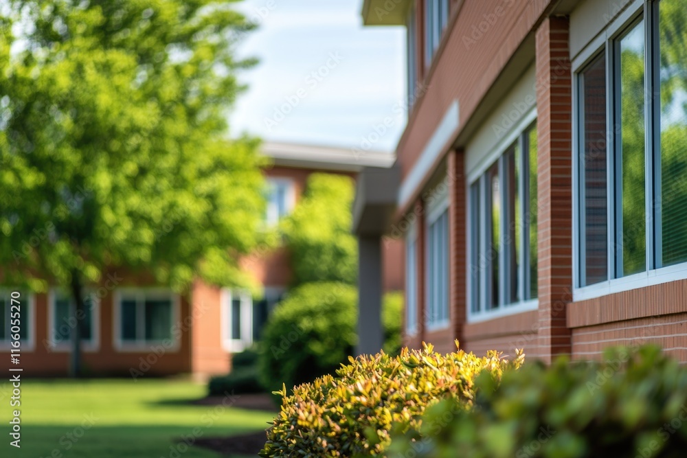 Poster a classic red brick building surrounded by trees and bushes, perfect for use in architectural or nat