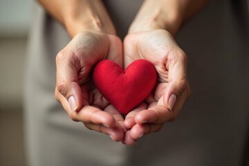 Fototapeta premium Multiple hands with varying skin tones gently cradling a small red heart , teamwork, heart
