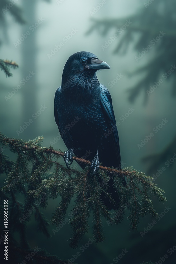Poster A small black bird sits calmly on the tip of a tree branch, surrounded by foliage