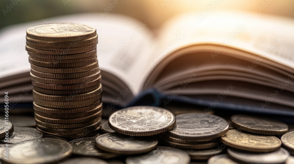 Poster stack of coins on an open book, ideal for financial or educational concepts