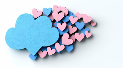Obraz premium Colorful paper hearts and a blue speech bubble create a whimsical, romantic composition on a white background.