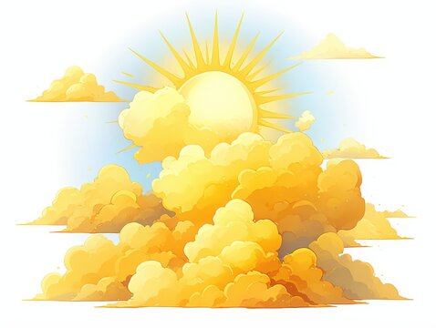 Bright sun shining through fluffy yellow clouds against a blue sky.
