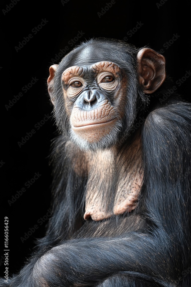 Poster close-up portrait of a monkey's face against a dark background, suitable for use in animal-related o