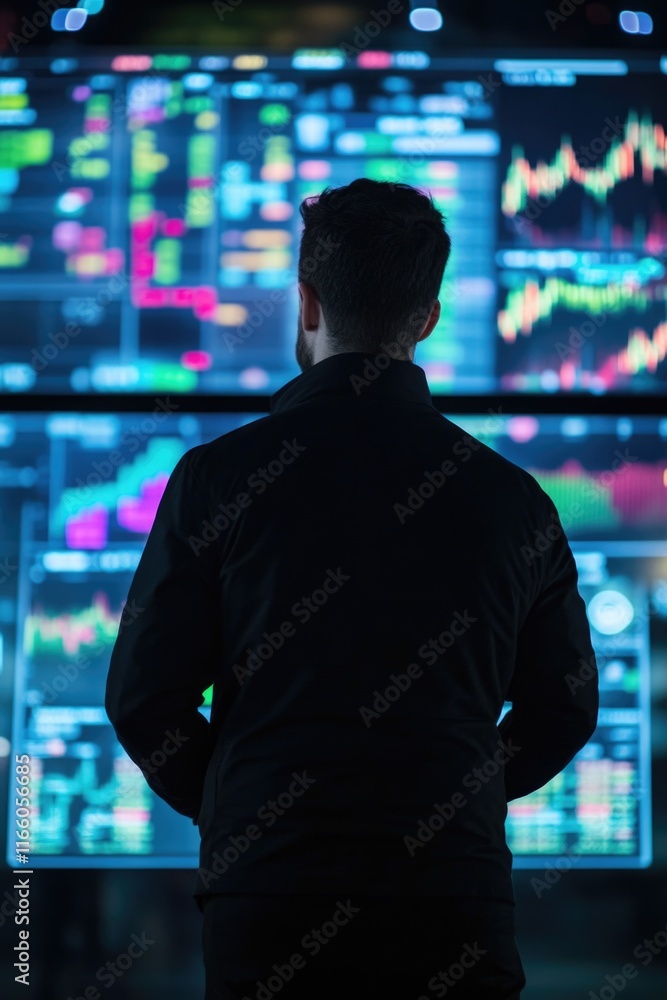 Poster A person standing in front of several computer monitors, likely working or gaming