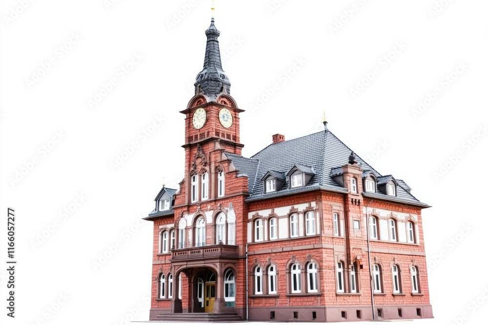 Poster A large red brick building with a clock tower, suitable for use in architectural or cityscape images