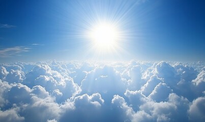 Bright sun above fluffy clouds.