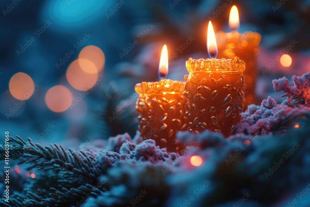 Poster a pair of candles placed on a snowy surface, creating a warm and cozy atmosphere
