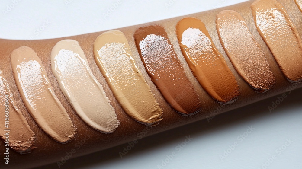 Poster various foundation shades are swatched on forearm against clean white backdrop emphasizing smooth ap
