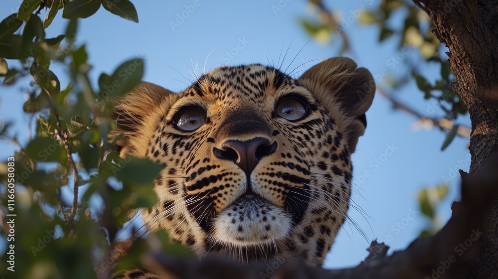 Poster A close-up view of a leopard resting in a tree