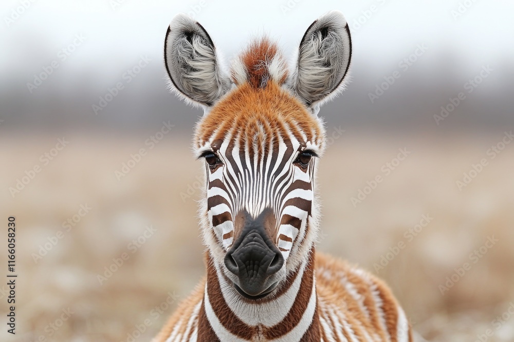 Poster a close-up view of a zebra standing in a field, highlighting its stripes and natural habitat