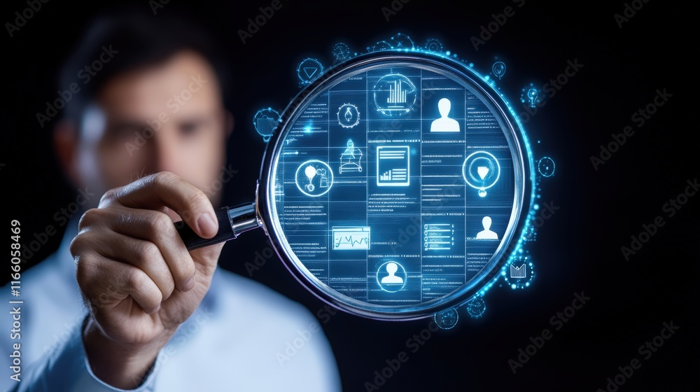 Poster a professional holding a magnifying glass displaying glowing holographic data icons and analytics, r