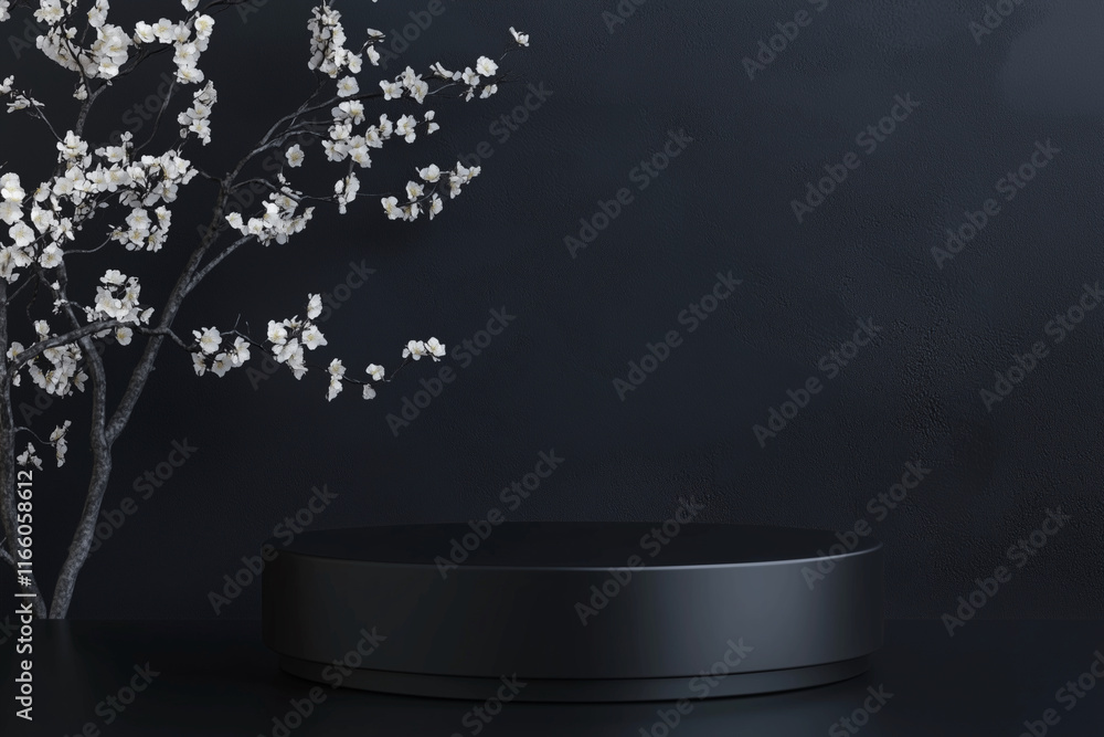 Poster black pedestal with a white tree in front of it. the pedestal is empty and the tree is the main focu