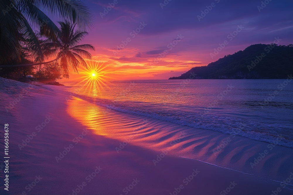Poster sunset on a beach with palm trees