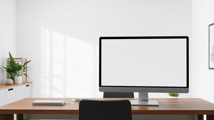 Modern Home Office Room Background for Webinars and Zoom Meetings with Transparent Monitor Cutout for Easy Image, Logo, or Text Placement, Created Using Generative AI