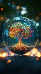 Colorful tree inside a glass sphere.