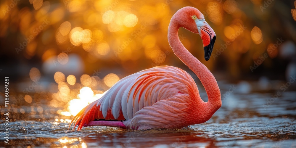 Poster a solitary flamingo stands in calm waters as the sun sets behind, creating a serene atmosphere