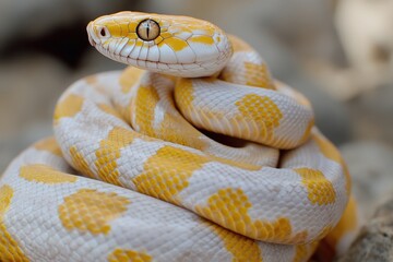 Obraz premium A yellow and white snake sits atop a rocky outcropping, its body curled around the stone