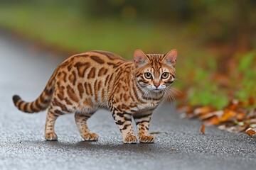 Bengal cat standing on wet road, autumn leaves.