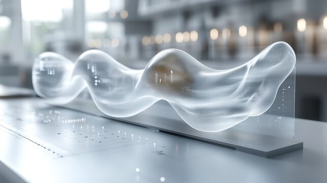 Innovative 3D Printed Wave Design Showcasing Fluid Dynamics and Aesthetics on Computer Screen Representing Modern Technology and Artistry in Motion