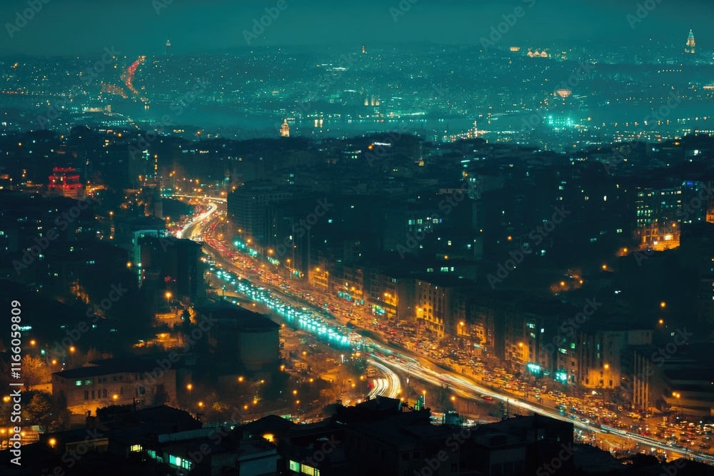 Poster aerial view of a city's urban landscape at nighttime, suitable for use in architectural or infrastru