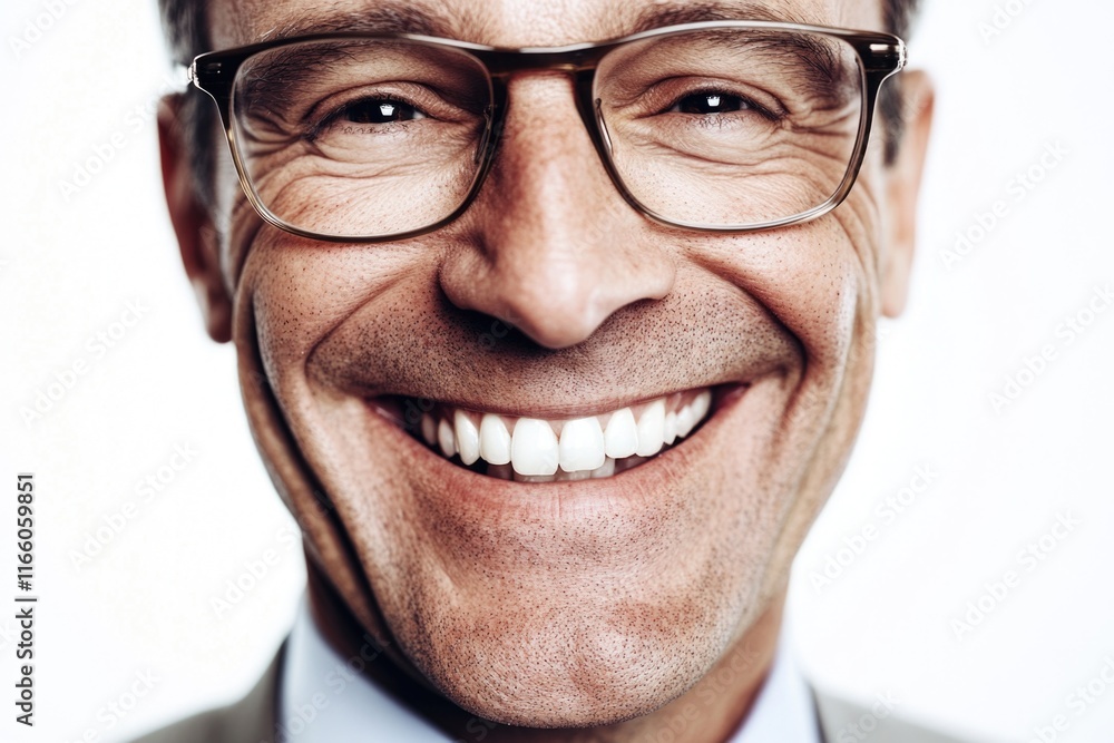 Poster a close-up portrait of a man with glasses smiling at the camera
