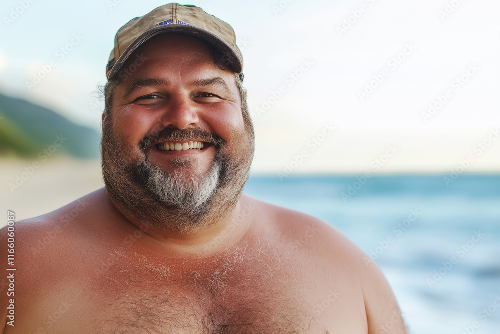 Poster man with a big beard and a hat is smiling at the camera. he is standing on a beach with the ocean in