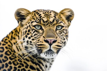 Fototapeta premium A close-up view of a leopard's face on a white background, perfect for animal or wildlife-themed projects