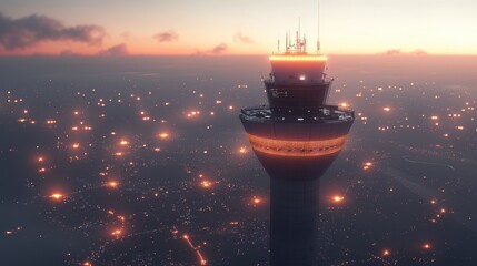 Fototapeta premium Majestic Clock Tower Dominating the Skyline at Dusk with Soft Orange Light Casting a Warm Glow on Nearby Structures and Evoking a Sense of Timelessness