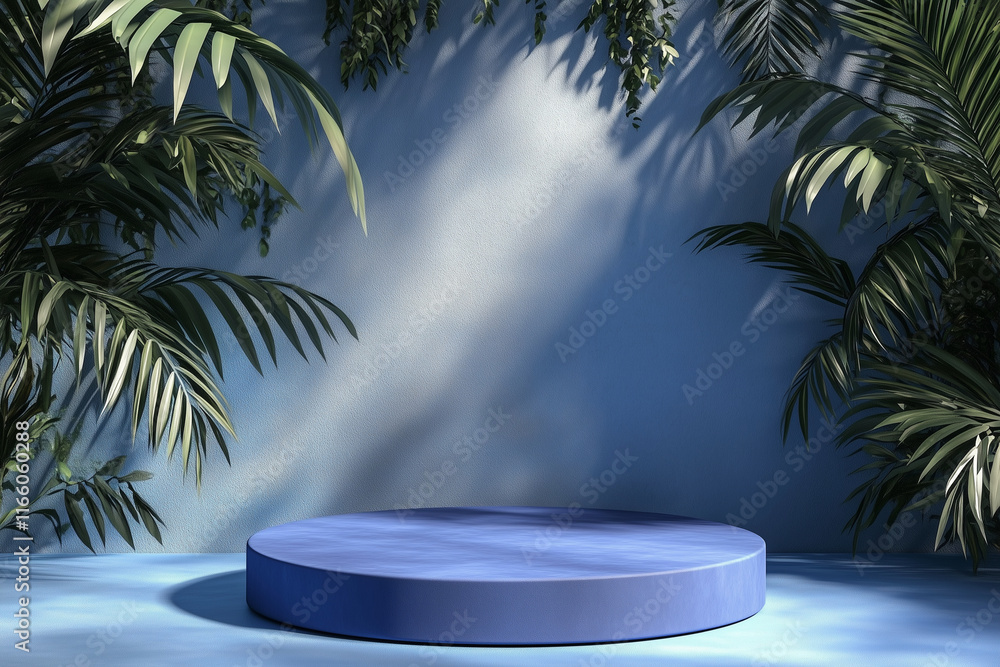 Poster blue round stage with palm trees in the background. the stage is empty and the palm trees are in the