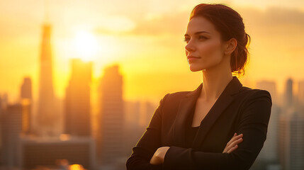 Fototapeta premium Determined woman standing against a city sunset backdrop