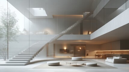 Bright and Inviting White Living Room Featuring Modern Staircase and Lush Indoor Tree Creating a Harmonious and Relaxing Atmosphere for All