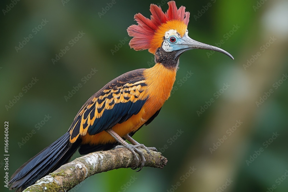 Poster A vibrant bird with a distinctive red mohawk perches on a branch, making for a unique and eye-catching scene