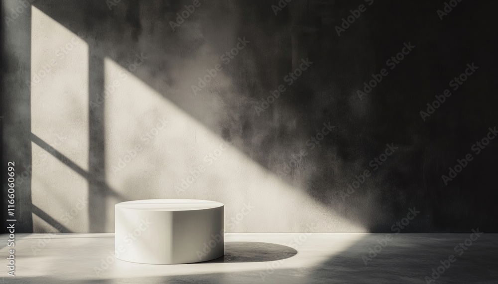 Poster light and shadow creating dramatic atmosphere in an empty room with a stage podium for product place