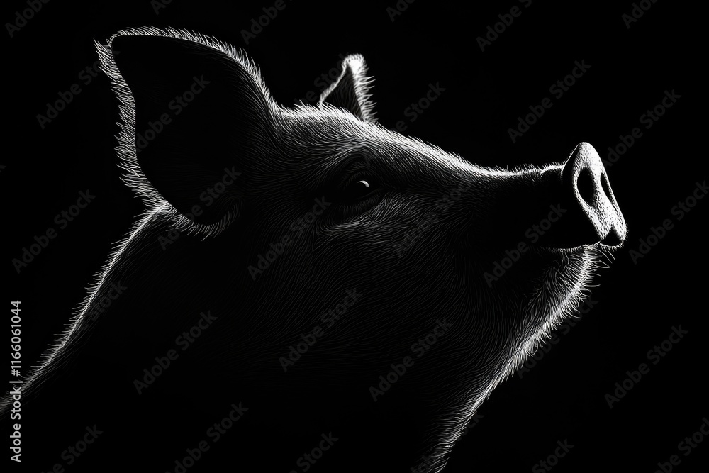 Poster a close-up image of a pig's face in monochrome tones, ideal for use in editorial or educational cont