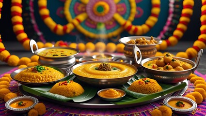 Vibrant Pongal feast with Ven Pongal, Sakkarai Pongal, vadas, and festive kolams, celebrating tradition, pongal day