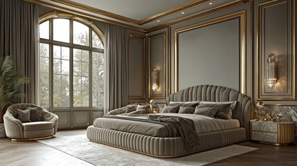 Elegant bedroom with luxurious decor and natural light.