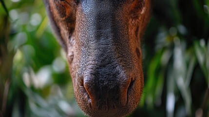 Obraz premium Close-up of a giraffe's face surrounded by trees