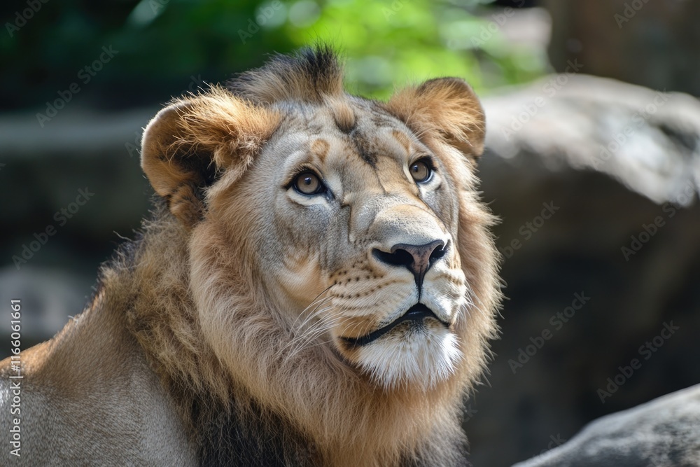Poster close-up shot of a lion's face with trees in the background