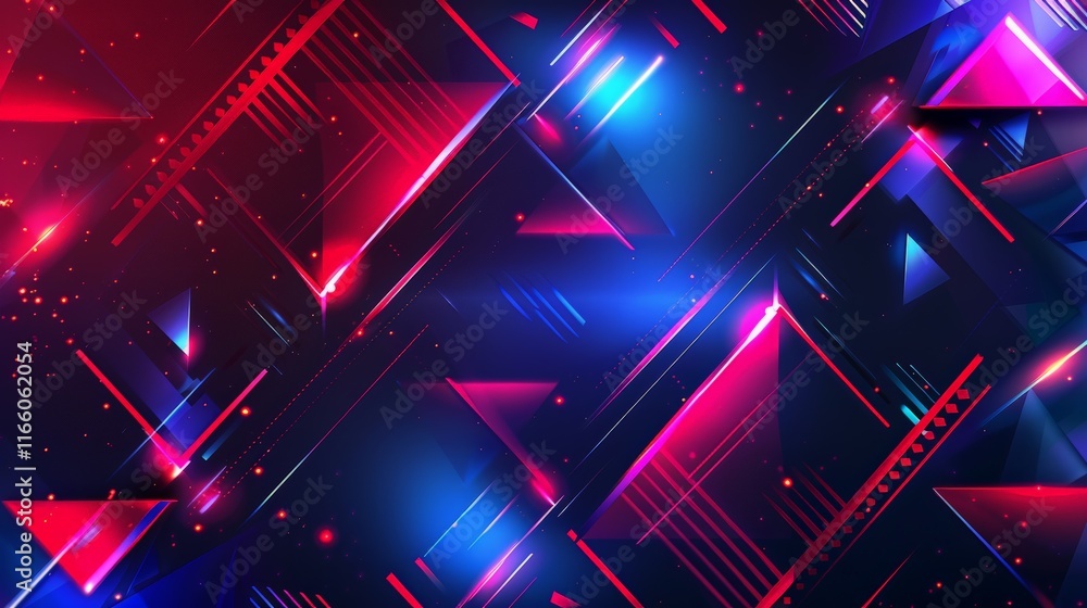 Poster Vibrant red and blue triangles intersect with glowing light trails, creating a dynamic and futuristic abstract wallpaper design
