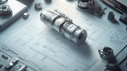 A camera positioned on detailed engineering blueprints showcasing intricate designs and technical drawings in a creative workspace environment