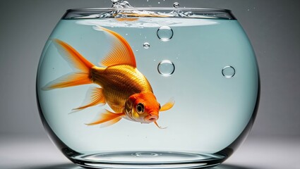 A vibrant orange goldfish swims gracefully in a crystal-clear glass bowl, a captivating underwater scene
