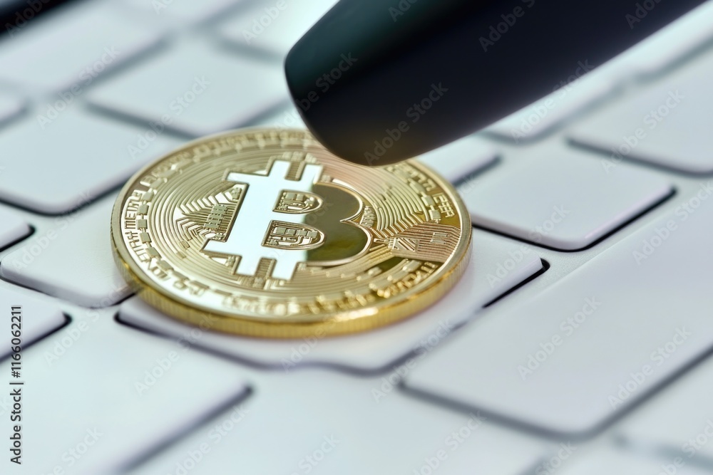 Aufkleber A digital currency icon sitting on a computer keyboard