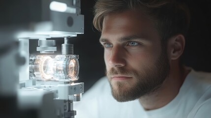 Focused Scientist Examining Samples Under High Magnification in a Bright Laboratory Setting with Advanced Equipment and Passion for Discovery and Knowledge
