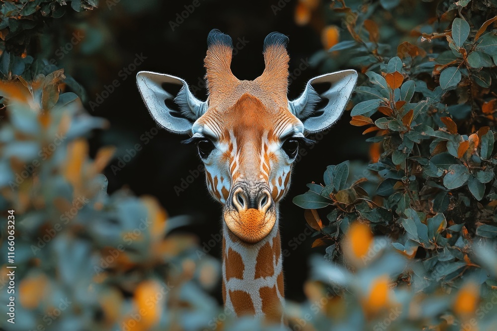 Poster a close-up view of a giraffe's face, looking directly at the camera