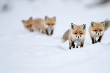 Obraz premium A group of foxes walking together in a snowy environment, suitable for winter-themed projects